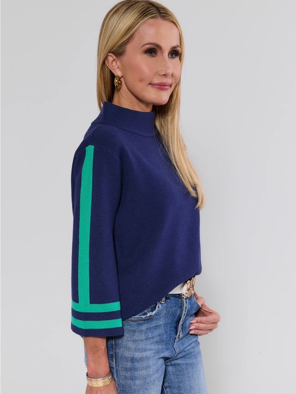 Navy mock-Neck Sweater with Teal Sleeve Stripes